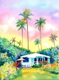 Watercolor Class - Cottage with Sunset and Palms Watercolor Class - Cottage with Sunset and Palms