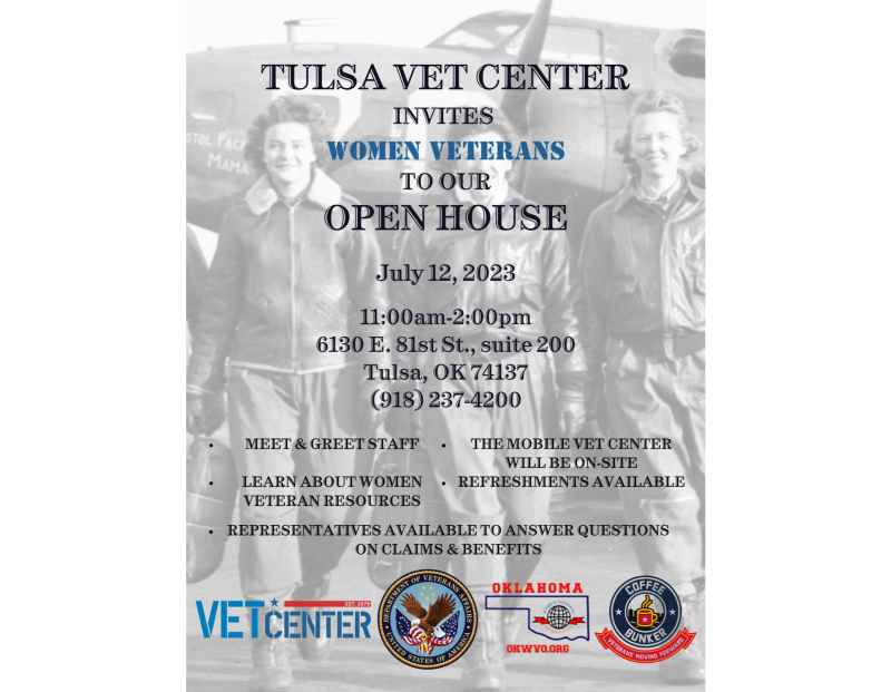 Tulsa Vet Center Open House for Women Veterans 07/12/2023 Tulsa, , Tulsa  Vet Center - ODVA & OKVA Event | Oklahoma Veterans Calendar