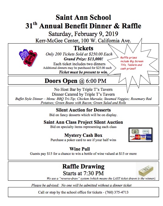 Saint Ann School 31st Annual Benefit Dinner & Raffle 02/09/2019